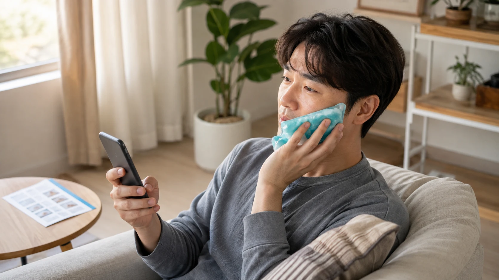 앞니 임플란트 통증 상담 항목을 확인하는 모습