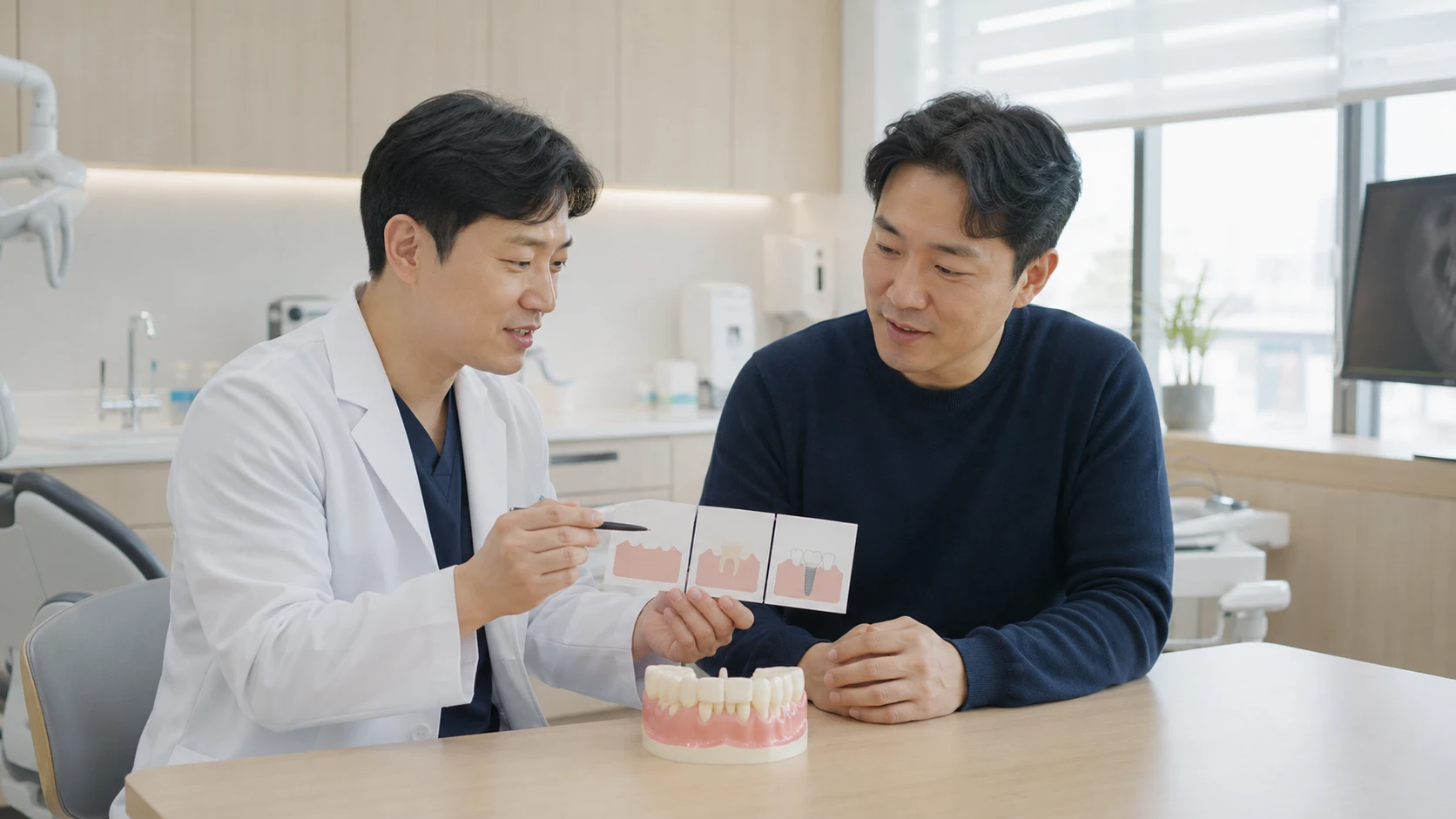 앞니 발치 후 임플란트 상담 항목을 확인하는 모습