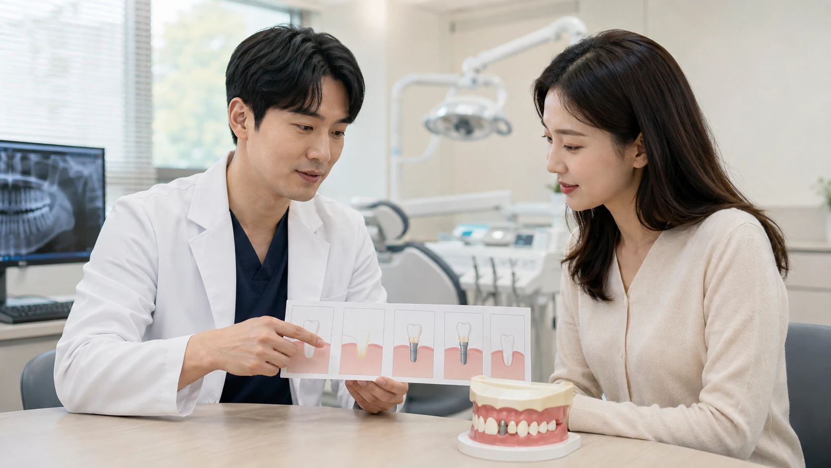 앞니 임플란트 재료 상담 항목을 확인하는 모습